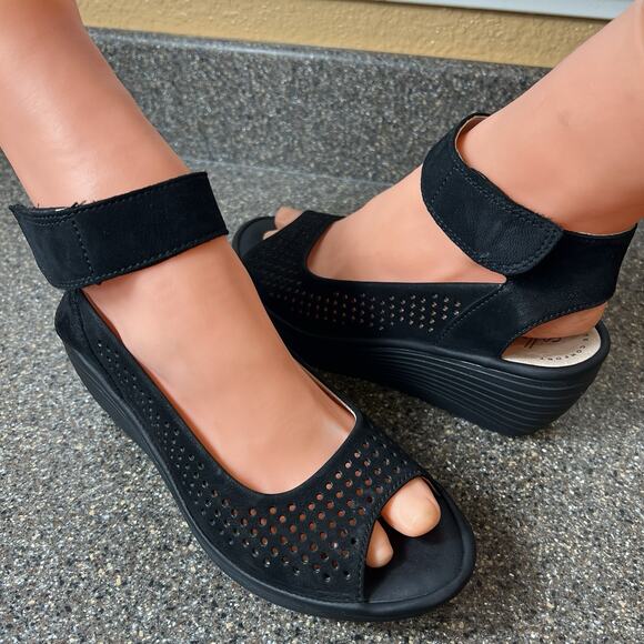 Clarks Shoes - Clarks Womens Size 6 M Black Suede Sling Back Ankle Strap Peep Toe Wedge Sandals